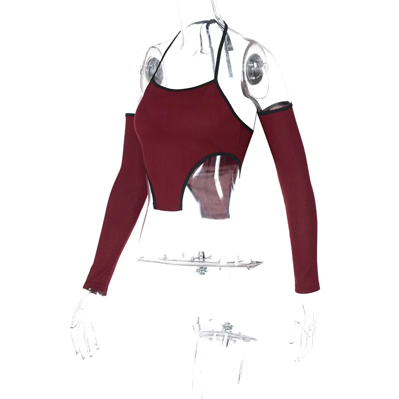 
Long sleeve vest with straps and neck straps Hot girl street style tops Solid color crop tops 