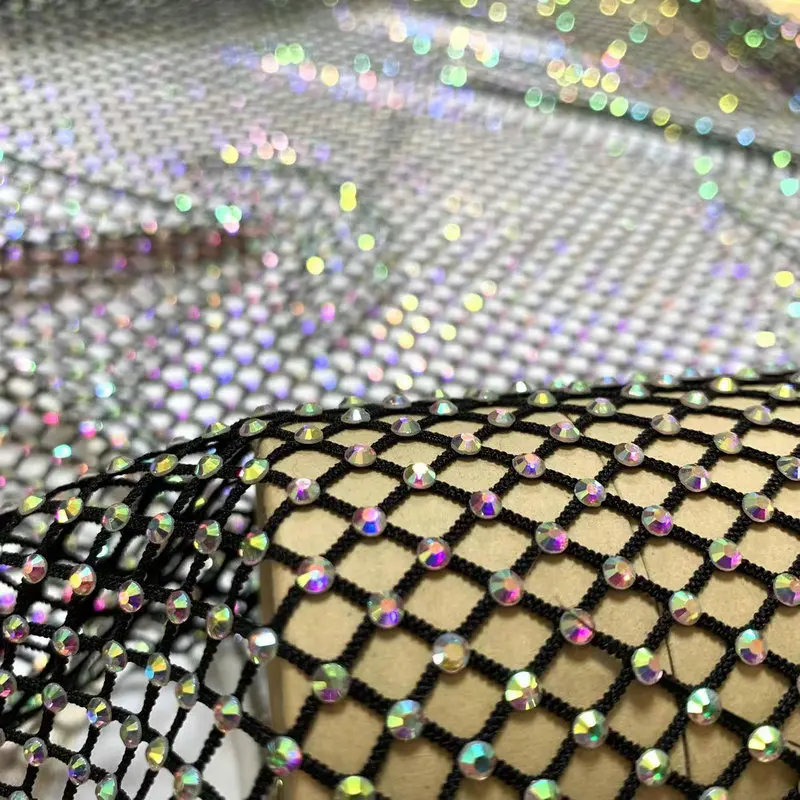 wholesale 3mm elastic rhinestone mesh crystal glass rhinestone gem net fabric