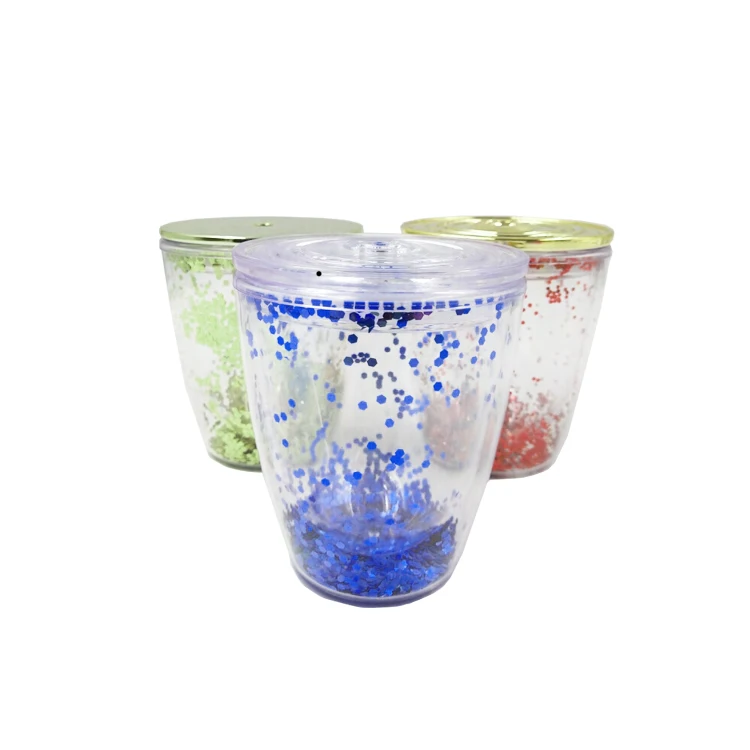 12 oz Double Wall Plastic Stemless Wine Tumbler Glasses,Wine Acrylic Tumbler Glitter bubble tea Tumbler With Straw