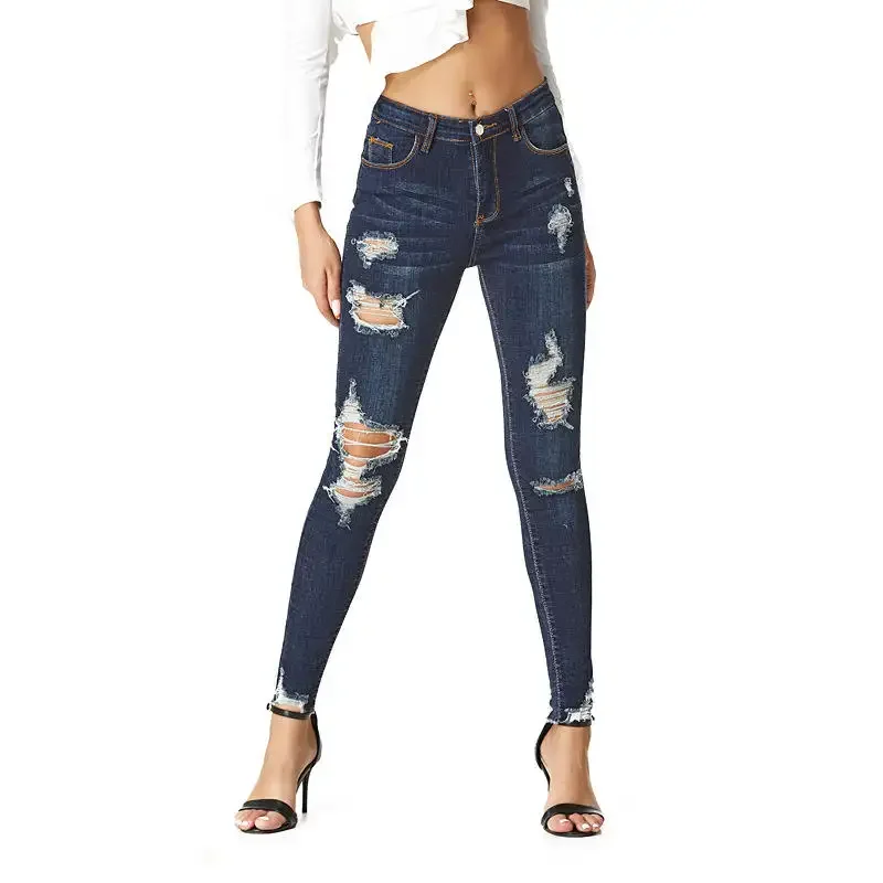 Wholesale Hot Selling Leggings Dark Blue Ladies Jean Women Destroyed Skinny Denim Jeans Women Pants