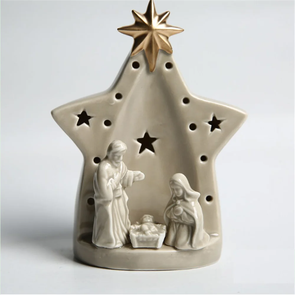 Christmas Ceramic Crafts Holy Family Nativity with LED Light