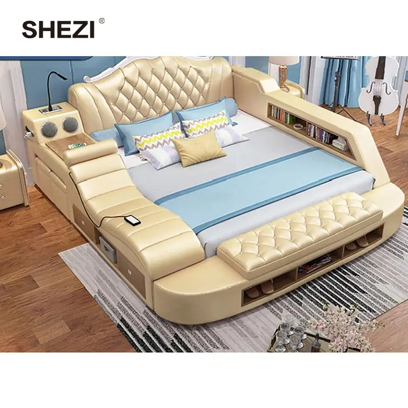 SHEZI домашняя мебель спальня королева кожаная кровать Красивая двуспальная набор