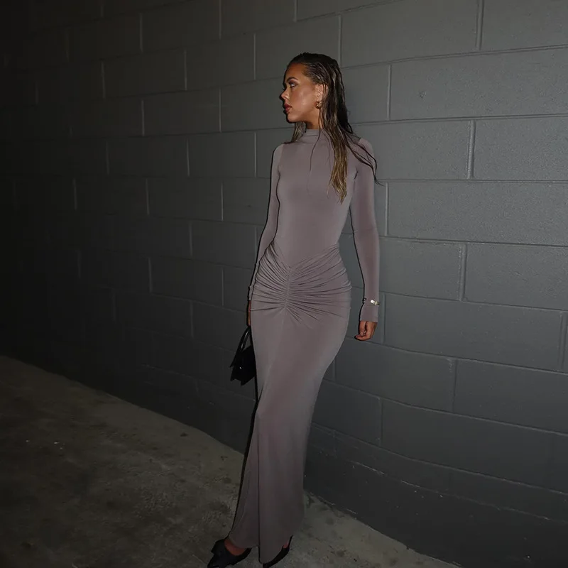Fashionable Solid Color Long Sleeve Casual Slip Midi Classic Elegant Dresses Women