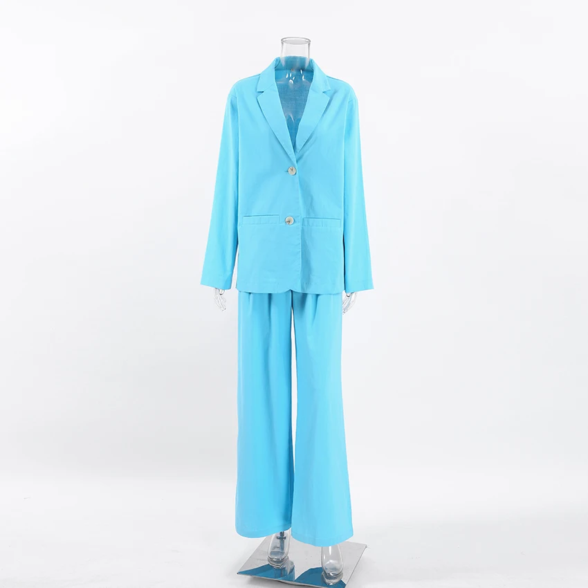 OOTN 2023 Autumn New Thin Cotton And Linen Jackets+wide Leg Pants 2 Piece Set  Women Elegant  Single Breasted Blazer Suit