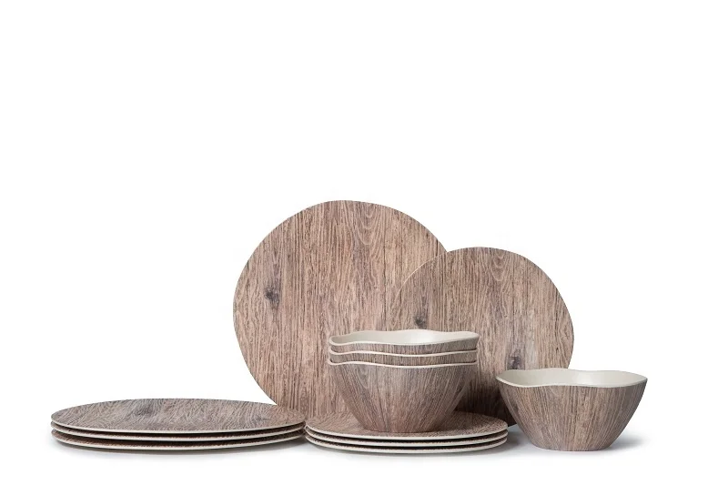 Wooden design melamine dinner set with bamboo fiber with salad dinner bowl plate