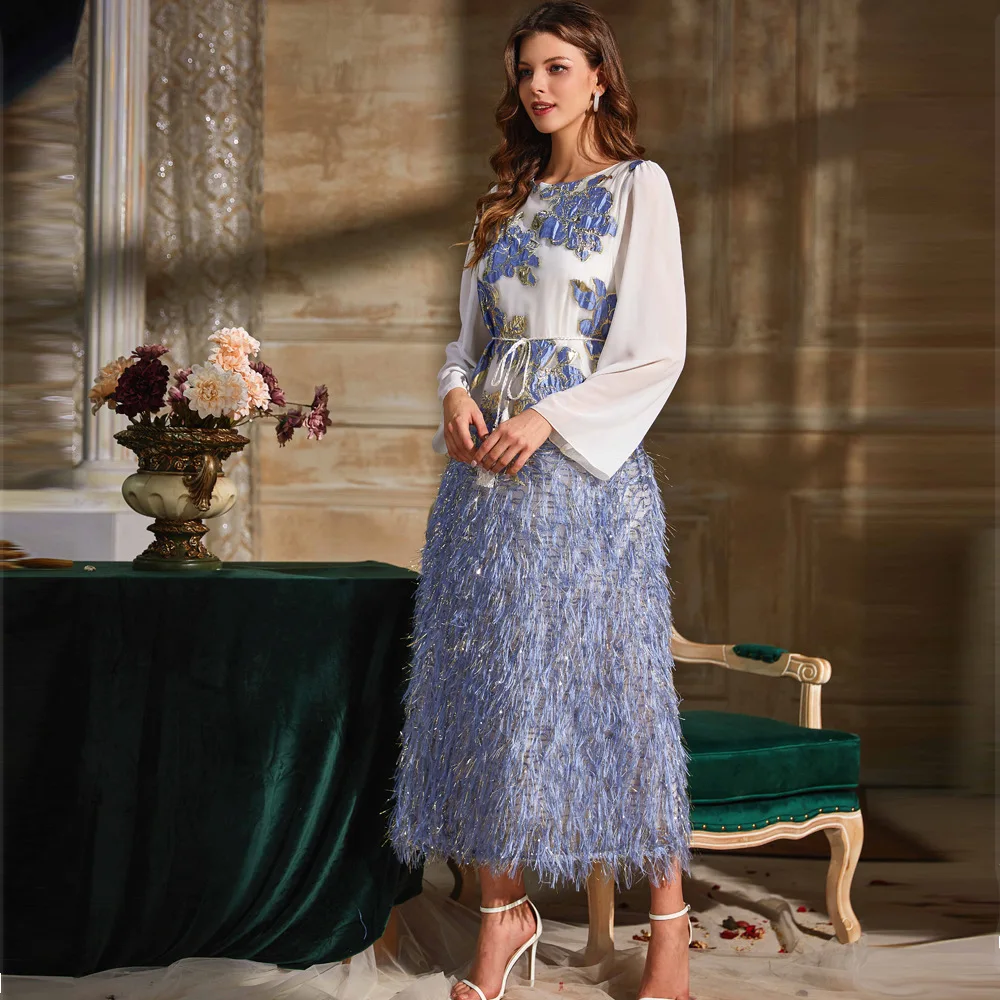 2023 Fashion Jacquard Gold Woven Blue Feather Long Sleeve Dress Turkey Middle East