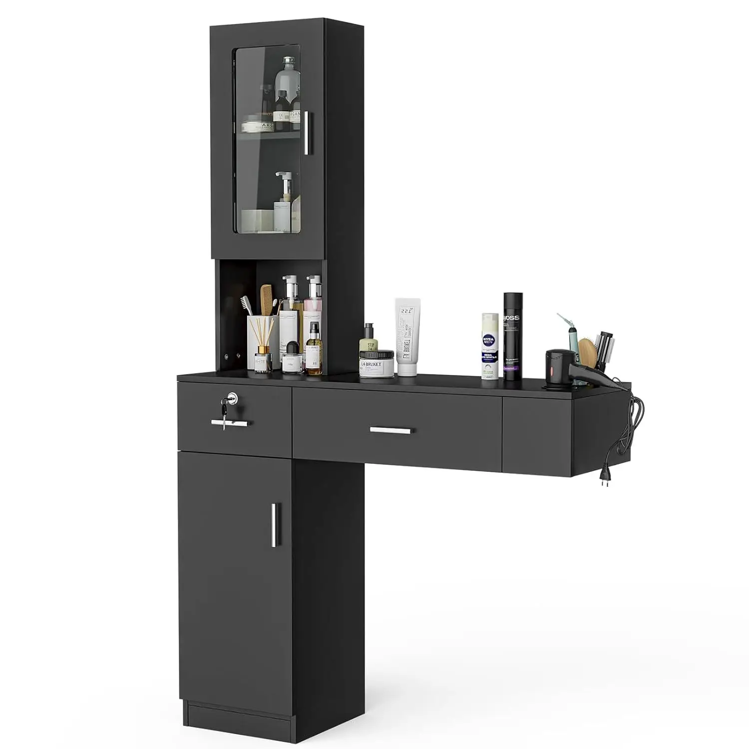 Black Wall-mounted Barber Station Hairdresser Salon Styling Equipment Set With Locker