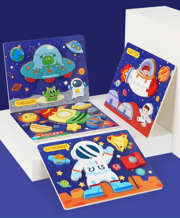 Montessori Wooden Cartoon Animal Dinosaur 3D Jigsaw Puzzle Toys Baby Educational Learning Puzzles For Kids