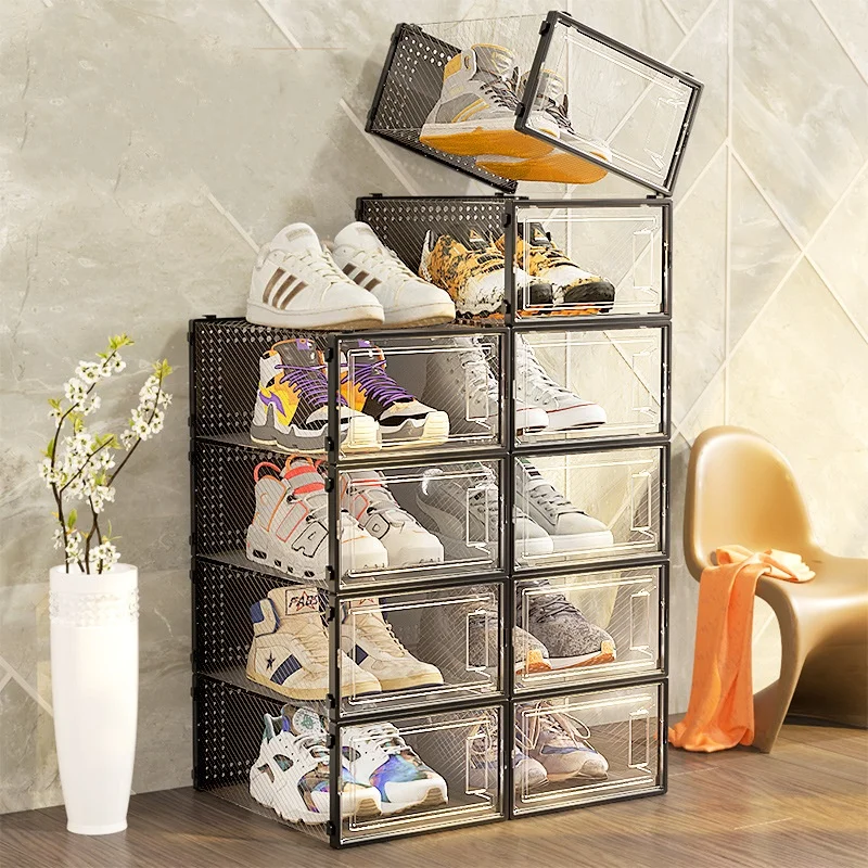 Wholesale Foldable Sneaker Storage Box Acrylic Drawer Type with Drop Front Magnetic PP Plastic Metal and Paper Material