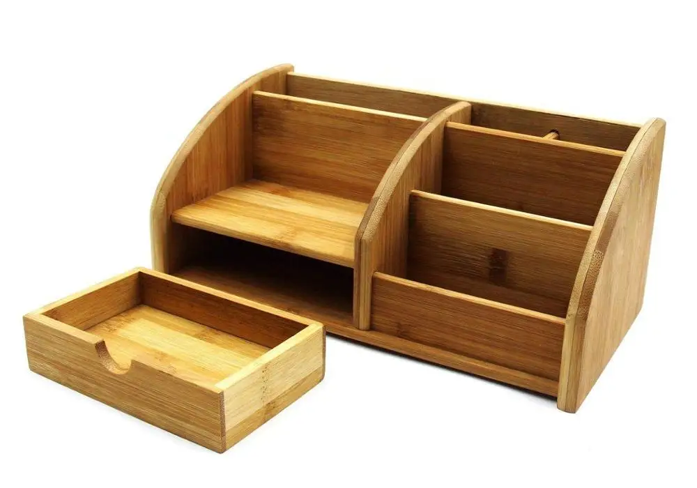 
Bamboo Desk Organizer Pen Holder Accessories Storage Caddy with 6 Compartments and Drawer 