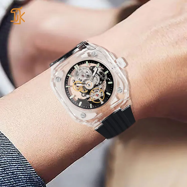 SANYIN Custom Square Transparent Watches No Logo Luxury Skeleton White Automatic Mechanical Wrist Watch Manufacturers