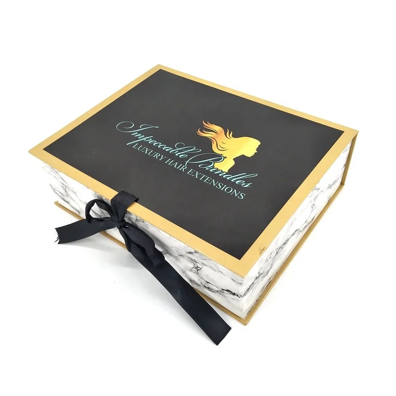 Custom Black Marble Cardboard Paper Foldable Collapsible Ribbon Closure Hair Bundles Extension Wig Gift Box