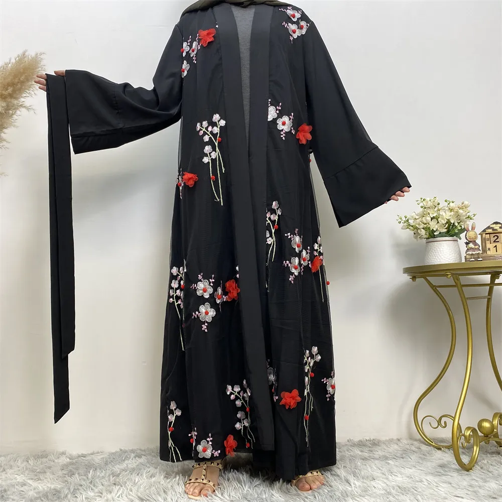 Eid 3D Embroidery Flower Mesh Cardigan Classic Muslim Dress Muslim Dress Women Long Sleeve New Double Chiffon Abaya