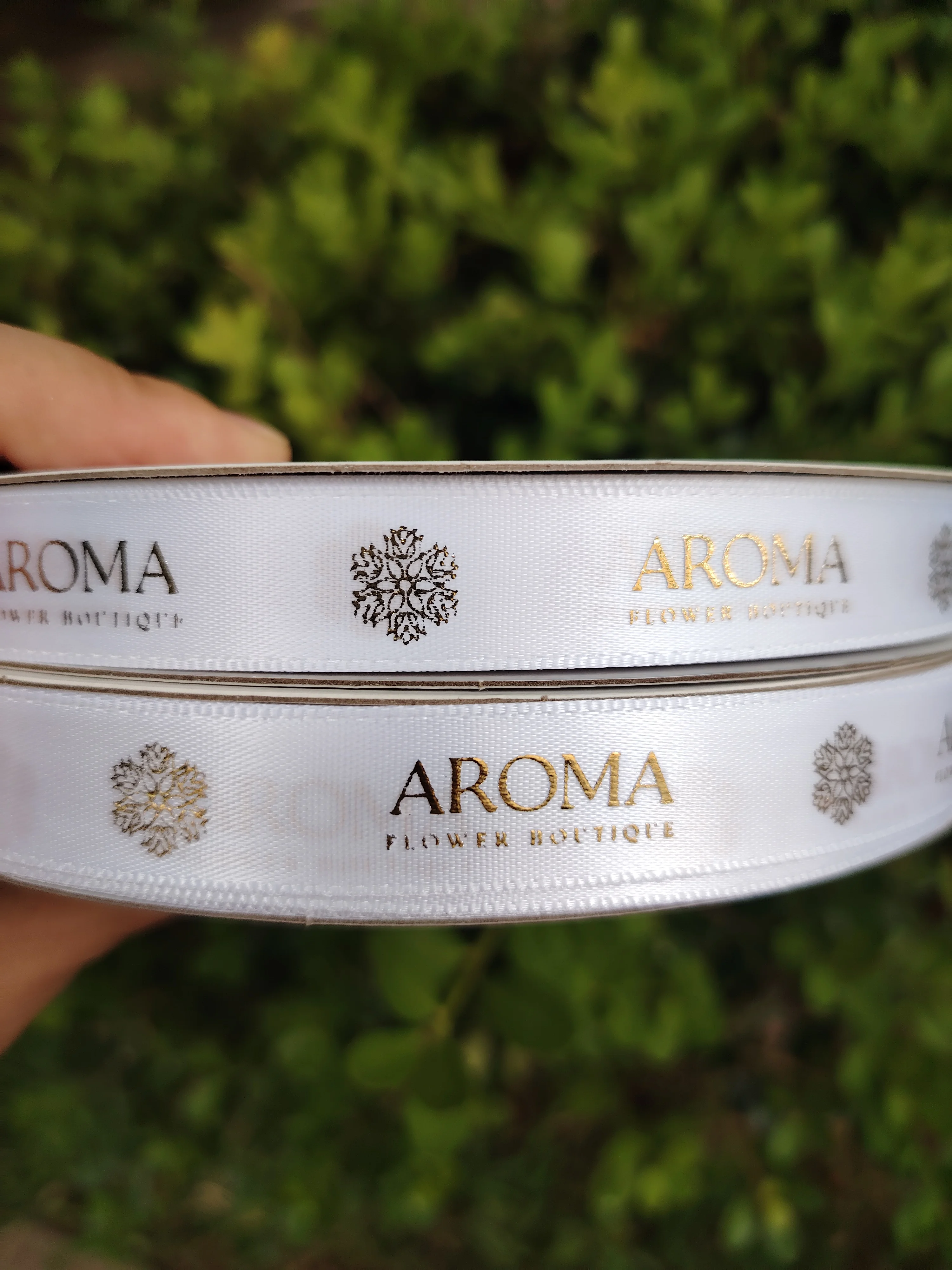 Custom 15mm White 3D gold printed satin Ribbon 100% Cotton Diy Floral Ribbon Flower Gift Packing Ribbon