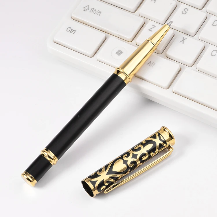 Classical Gold Pattern Metal Roller Pen High Quality Luxury Matte Black Gel Pen Custom Advertising Business Hotel Gift Pen