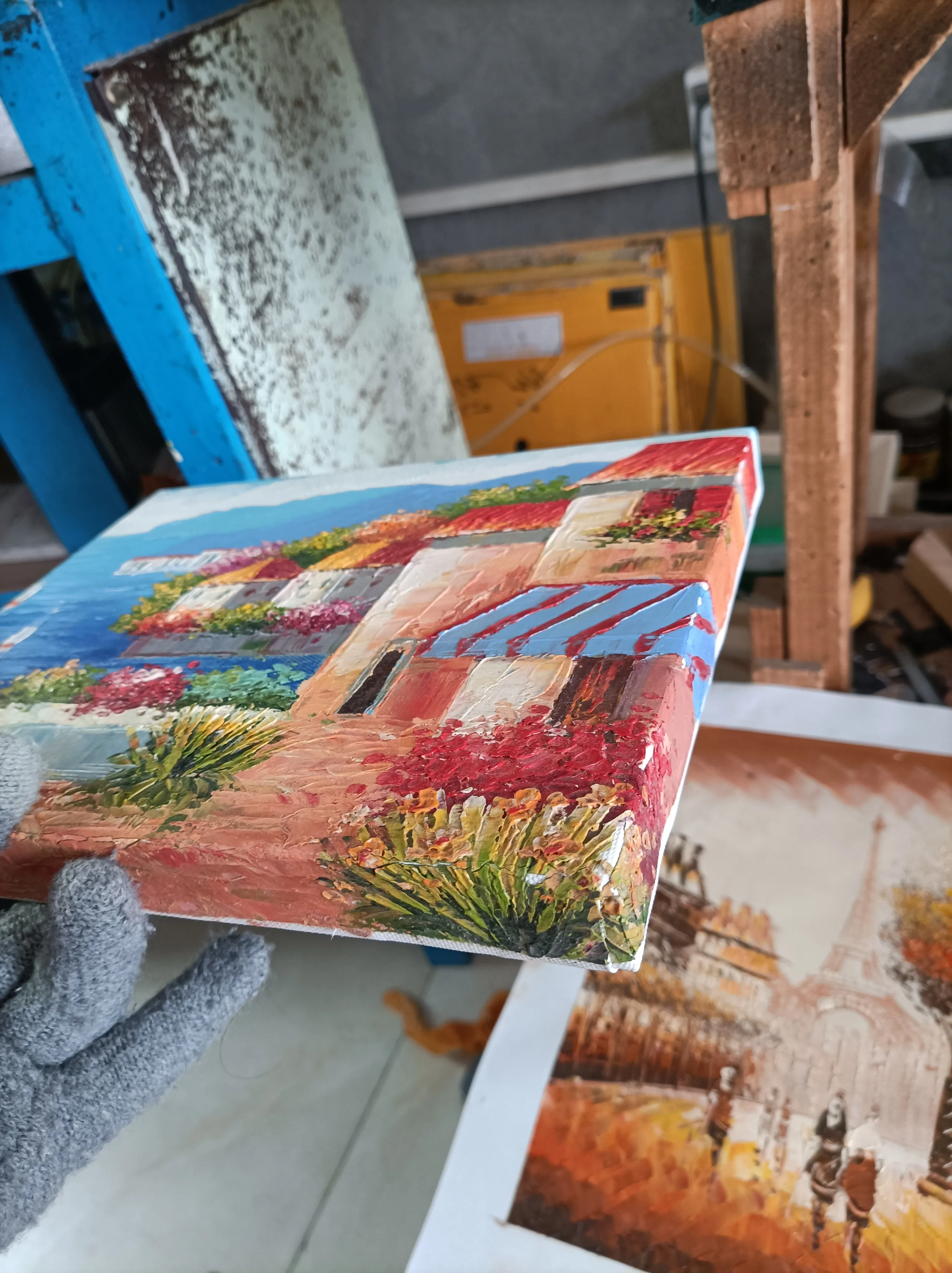 wholesale modern style  low price no frame with easel santorini seaside oil painting painting