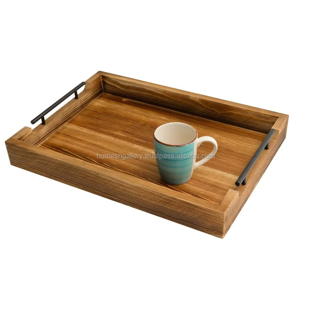 Rectangular Wooden Tray with Metal Handle