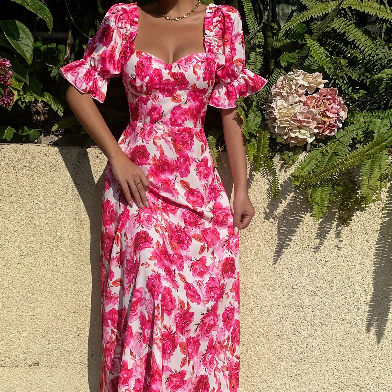 Manufacturer Customized Summer Elegant Lace Up Floral Print Sweet Heart Neck Flounce Sleeve Maxi Dress