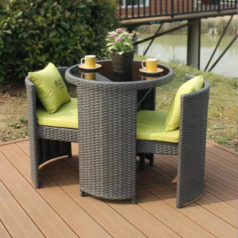 Round Small Grey Compact Poly Rattan Ratan Outdoor Bistro Table Set Patio Balcony Garden Furniture