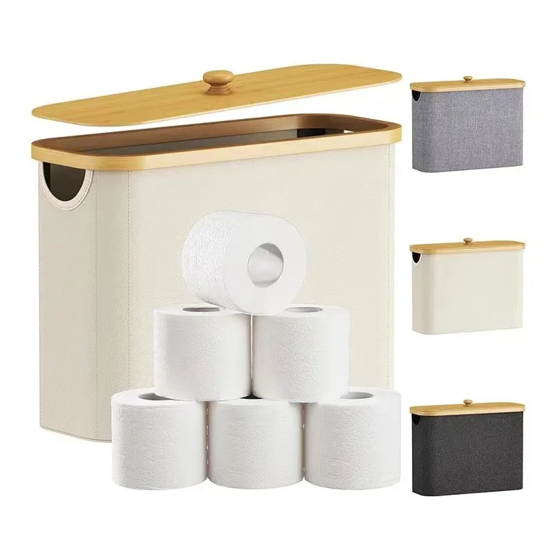 Modern Design Dustproof Portable Bamboo Toilet Paper Roll Basket For Bathroom With Handle