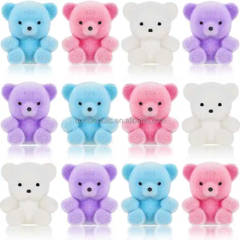 Custom colorful teddy flocking bear mini creative miniature plush stuffed bear decorations for birthday baby shower wedding