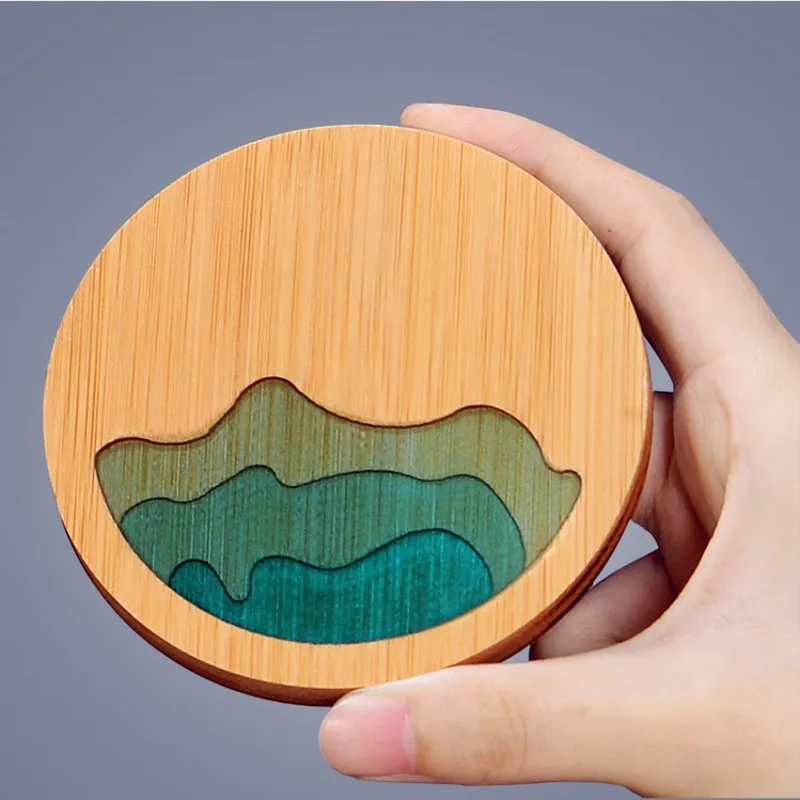 Natural bamboo wood with epoxy resin coaster round and square tea cup mat heat insulation pad for drink beer coffee tea