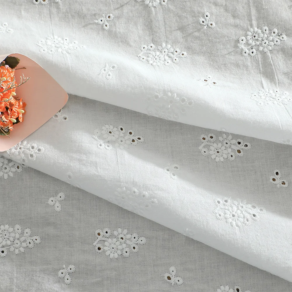 Factory Custom  Cotton Eyelet Fabric White Lace Embroidery For Household Textile Garment Accessories Cotton Embroidery Fabric