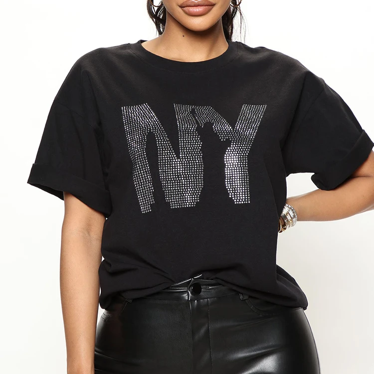Wholesale Custom Summer Casual Sport Tshirt Womens Short Sleeve Crew Neck Rhinestone T-Shirt