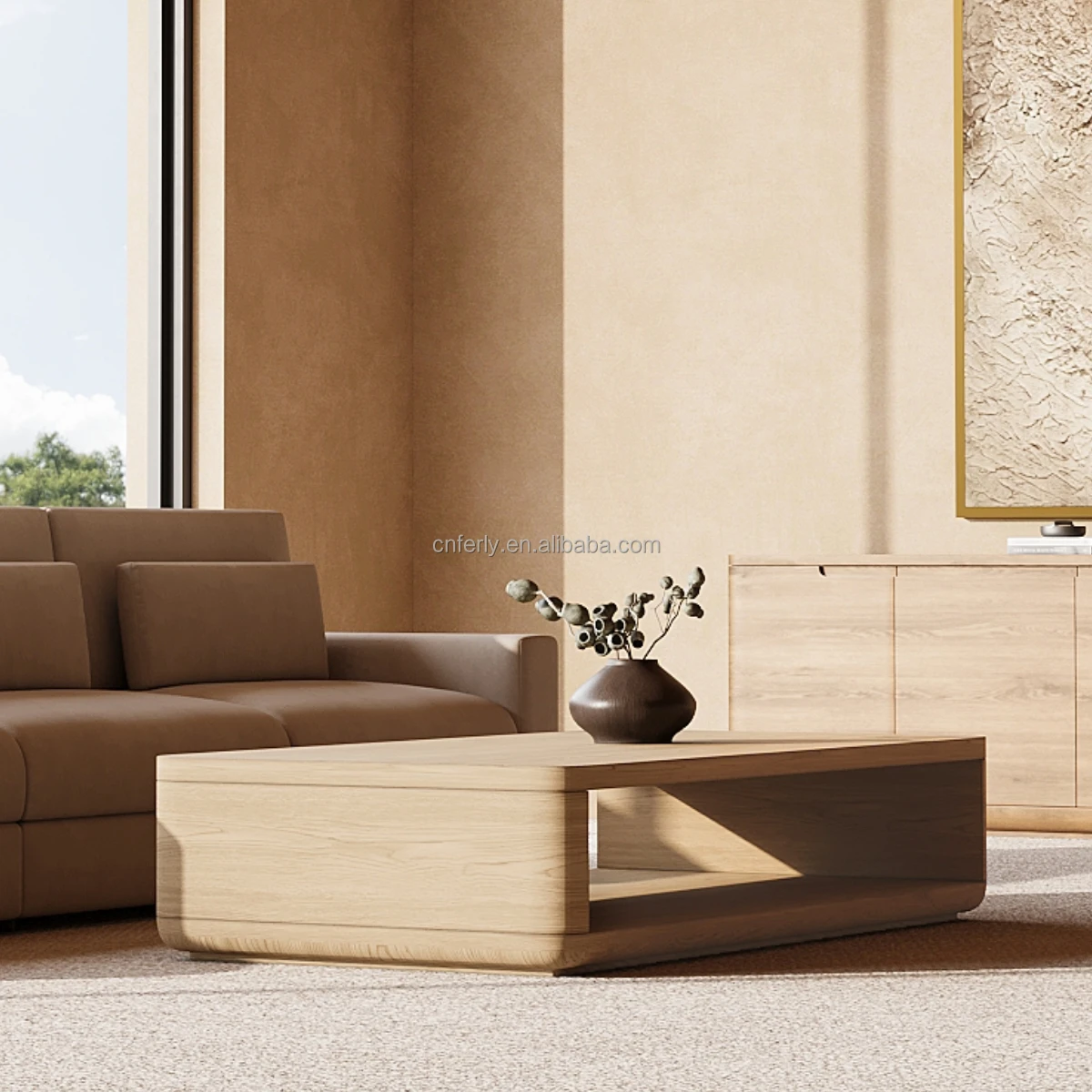 Ferly Luxury Elegant Minimalist Brown Custom Wood Veneer Console Table Luxury Living Room Luxury Coffee Table Furniture