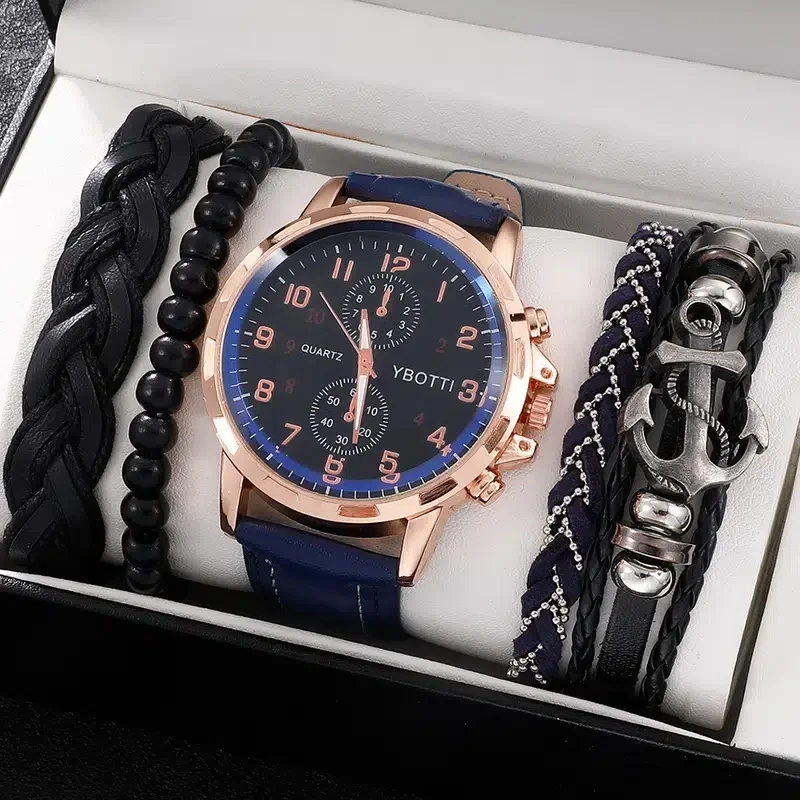 YuSa437 Men Trendy Vintage Round Pointer Quartz Watch With 4pcs Bracelet Birthday Gift For men