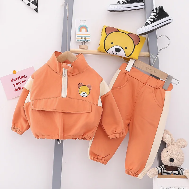 Stand collar zipper puller bear designs toddler girl set clothes kids fall autumn clothing set