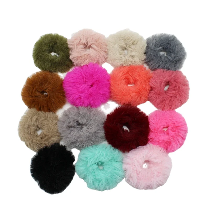Fur Hair Scrunchies Rabbit Furry Hair Ties Pom Elastic Hair Bobbles Pompom Ball Scrunchie  for Women