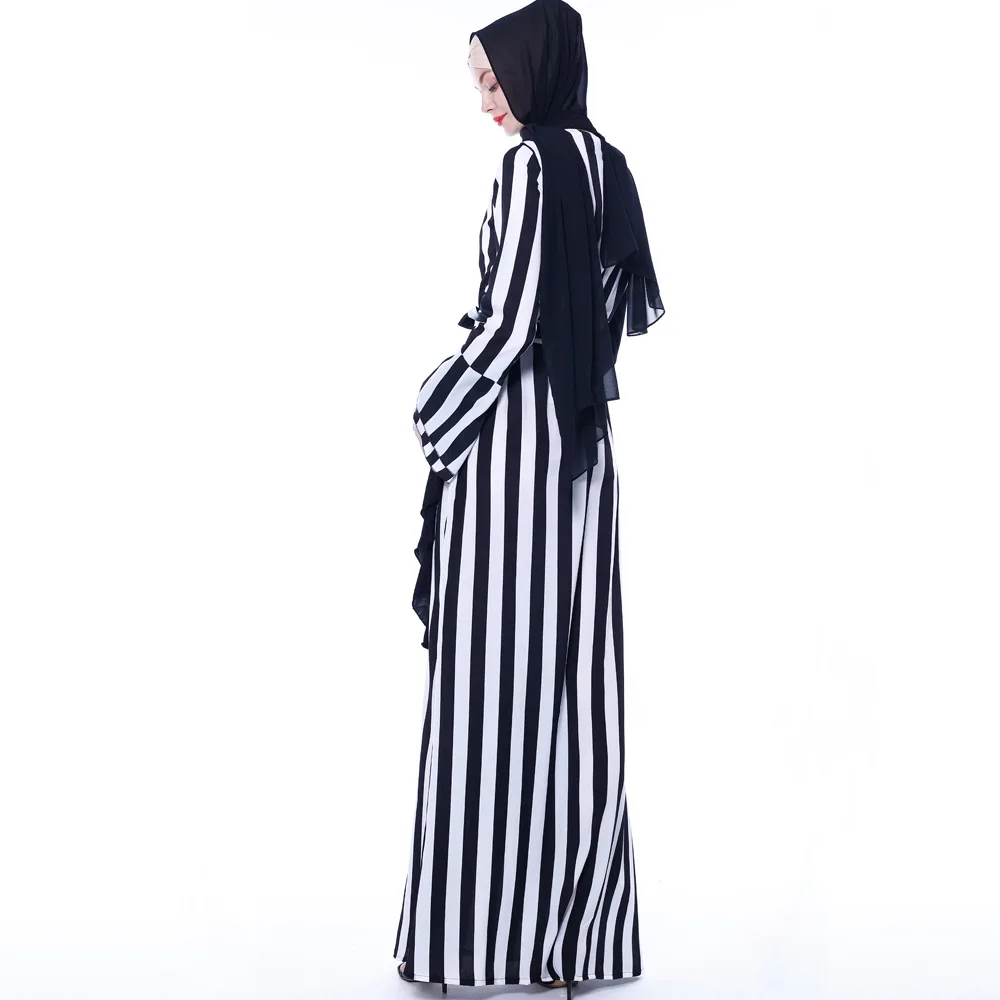 Muslim Robe Female Color Matching Striped Flared Sleeve Lace Girls Gress Abaya Dress