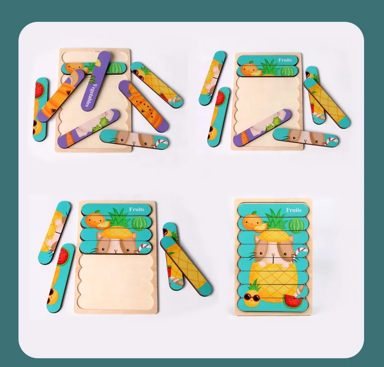 Baby Early Educational Learning Toys Kids Double-sided Cartoon Strip Shape Cartoon Animal Wood Jigsaw Puzzle