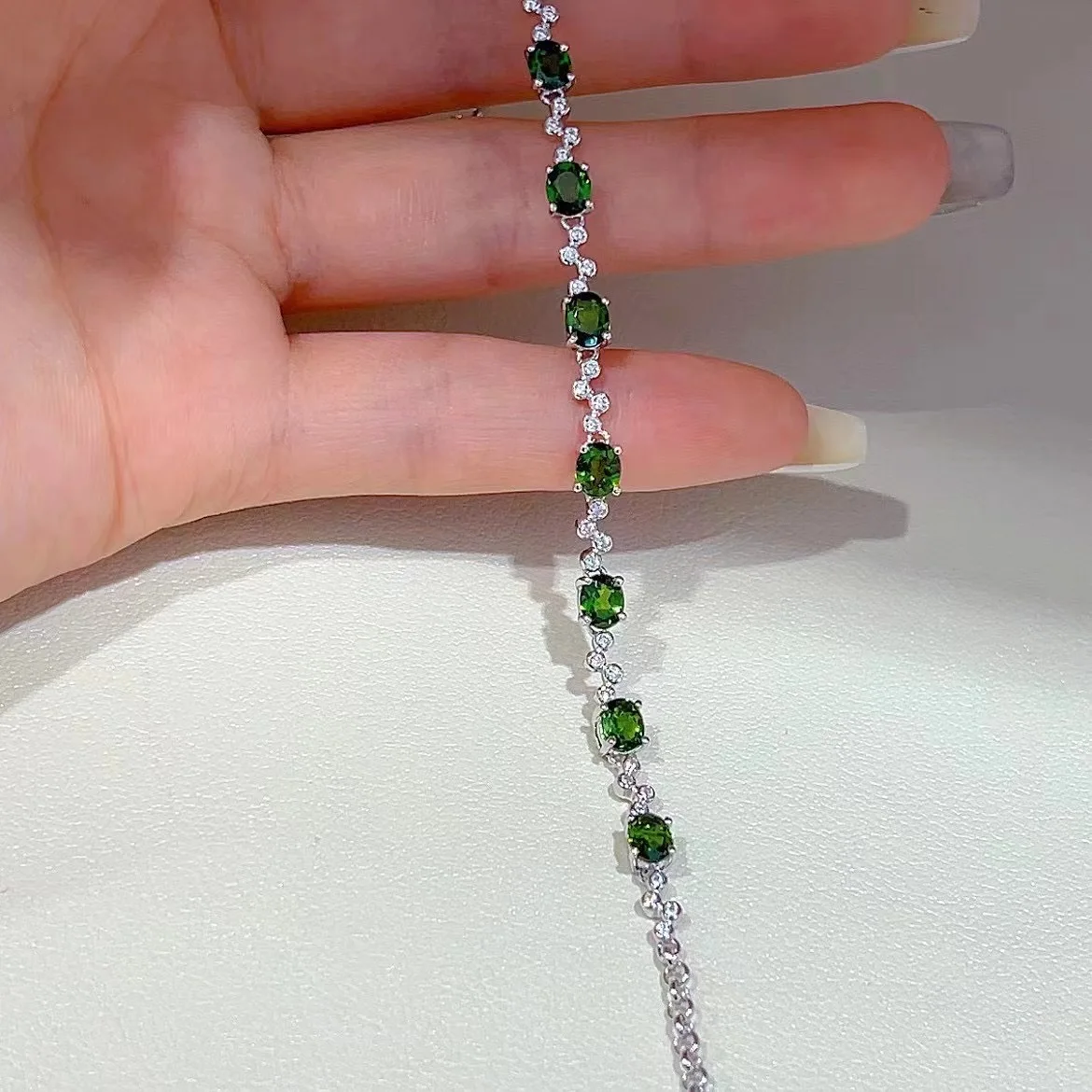 S925 SILVER RHODIUM PLATING SET WITH NATURAL DIOPSIDE  BRACELET