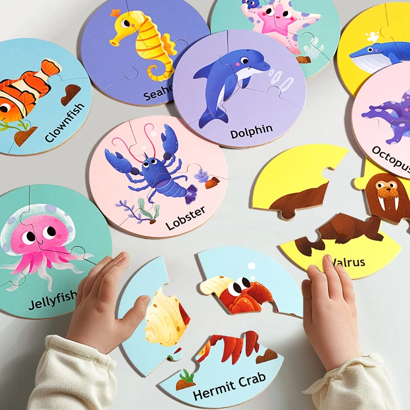 Educational Wooden 36 pcs Puzzle Forest Marine Animal Cognitive Wood Circular Puzzle Toy Kids Newest Word Spelling Puzzle Games