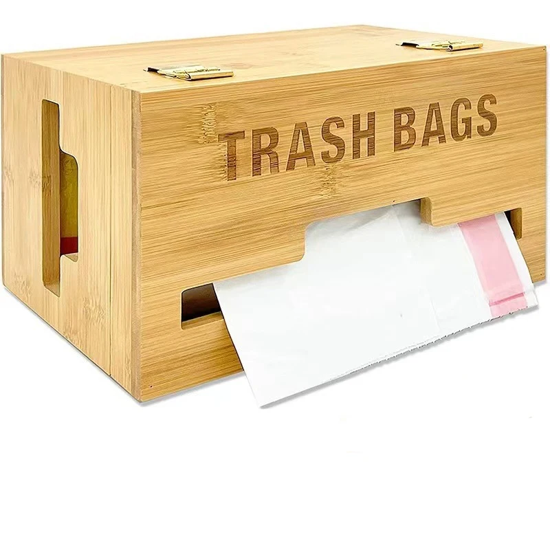 Large Trash Bag Dispenser Bamboo Garbage Bag Holder Kitchen Laundry Trash Can Organizer Wall Mounted or on Countertop