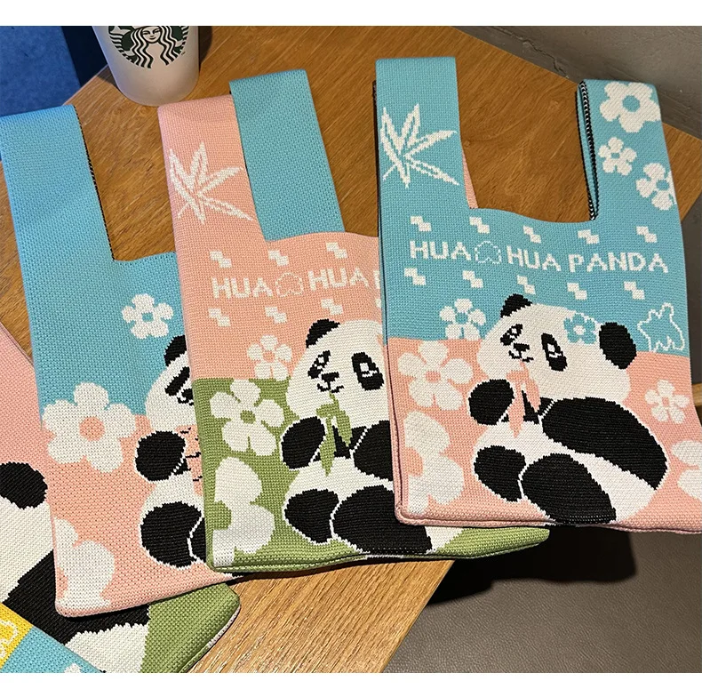 Portable knitted custom woven knot bag for lady customized pattern cheap promotional gift knitting crochet knot bag