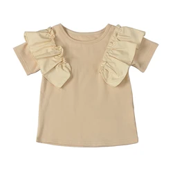 Sweet OEM Short Sleeve Plain Summer Girl T-shirts Ruffles Children Blouse