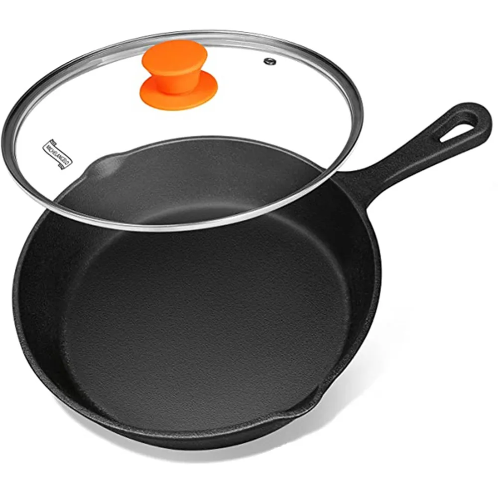 8 Inch Cast Iron Skillet  With Lid Preseasoned Small Skillet Iron Skillets with Silicone Handle and Scrapers