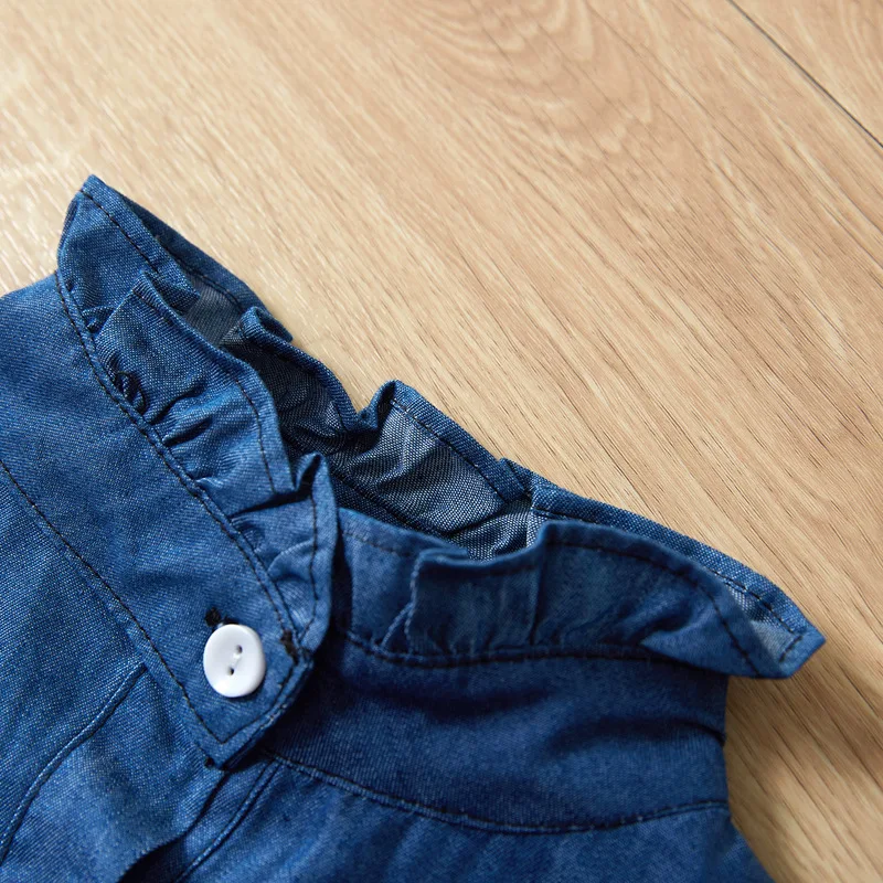 Hot Sale Spring Baby Girls Kids Clothing Solid Long Sleeve Denim Lace Dress Princess Dresses Cotton For Children Clothes Dress