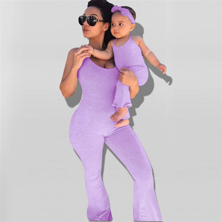 Amelie Hot Selling Halter Sleeveless Solid Color Summer Fashion Mother And Daughter Sets One Piece Long Flared Jumpsuits
