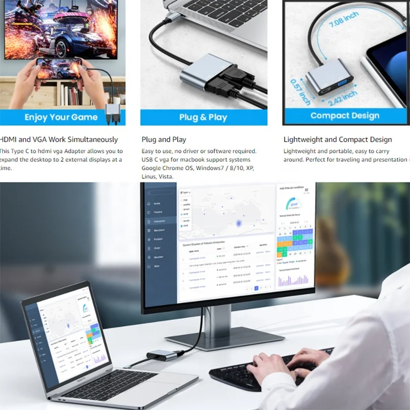 Xput USB C Type C To HDMI and VGA Adapter Converter Type-C To HDMI VGA