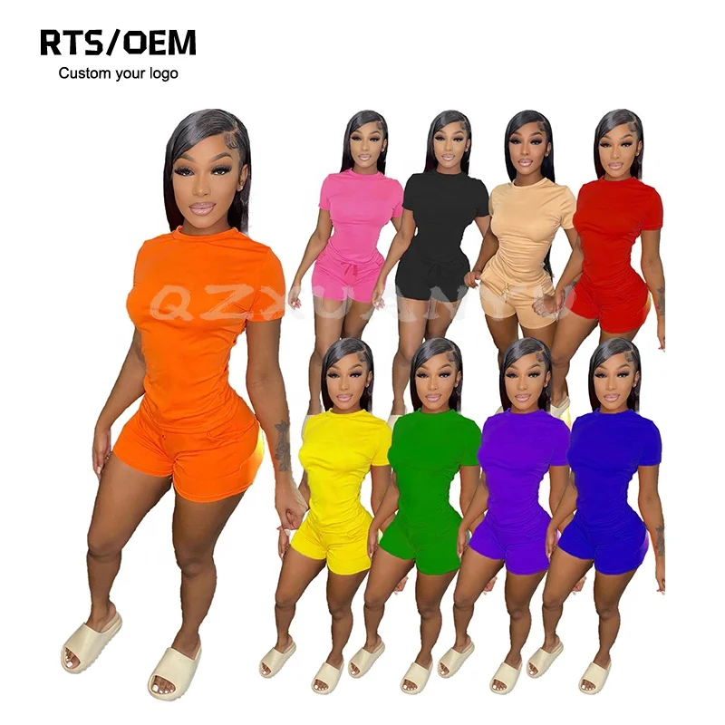 Classic Style Ladies Biker Set Blank Outfits Short Sleeve Tops Casual Homewear Summer Women Two Piece Shorts Set