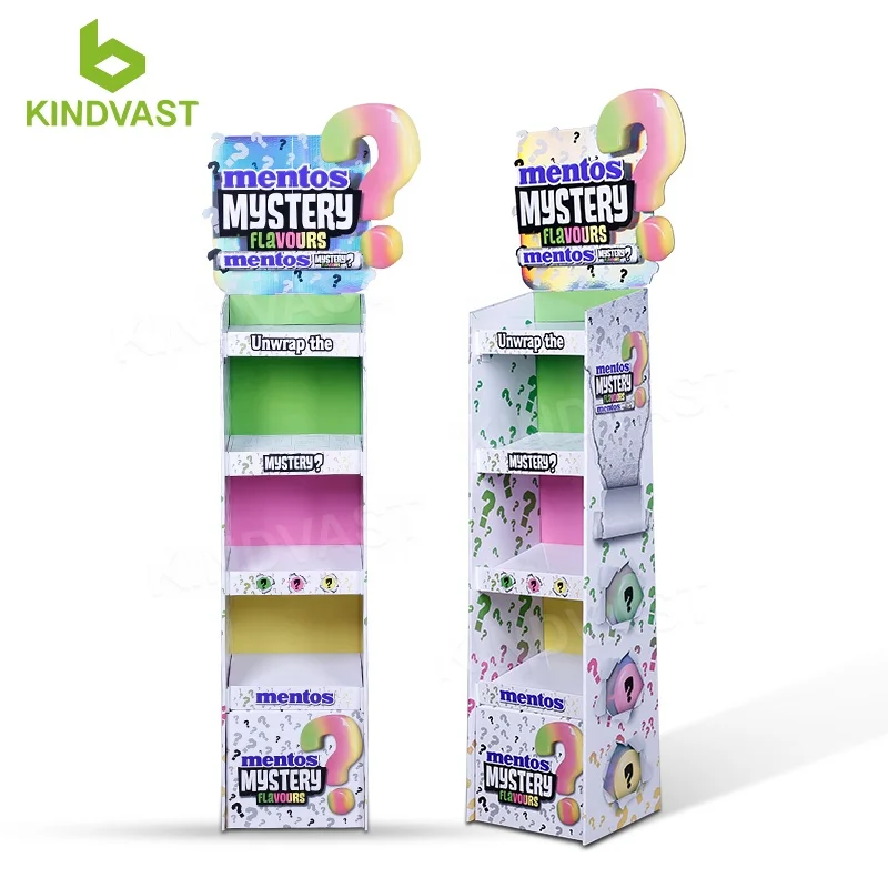 Template DIY Cardboard Standing Paper Corrugated Floor Display Shelves For Supermarket Commercial Chewing Gum Promotion Retail