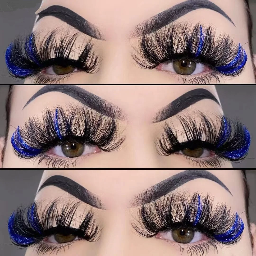 colorful mink eyelashes wholesale glitter blue colored eyelash strips 3d natural 20-25 mm mink lashes with color