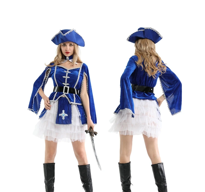 Manufacturer Directly Sells Noble Blue And White Female Pirates Halloween Adult Fancy Party Cosplay Costumes