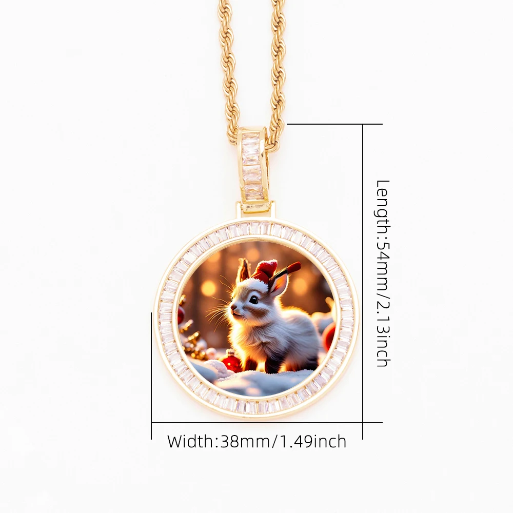 New 38mm DIY Photo Brass Golden Plated Circle Medallions Necklace Baguette Cubic Zircon Pet Cat Dog Rabbit Picture Frame Pendant