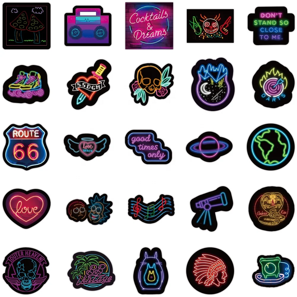 50pcs neon graffiti stickers car water cup notebook computer sticker waterproof wholesale pvc die cut cartoon Adhesive sticker