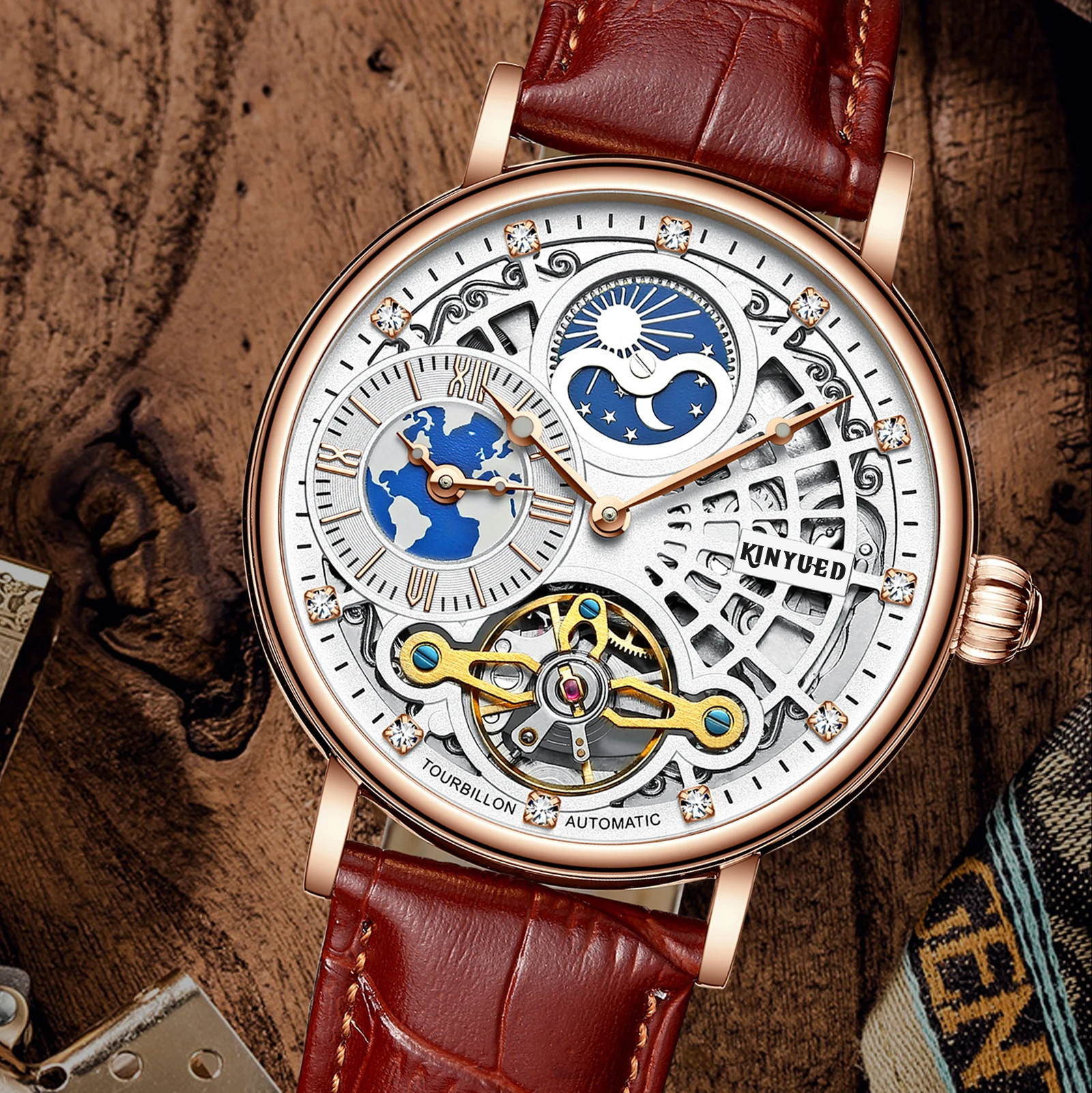 KINYUED J098 new arrival Brown man mechanism watch creative Genuine Leather band dual time moon phase vintage business handwatch